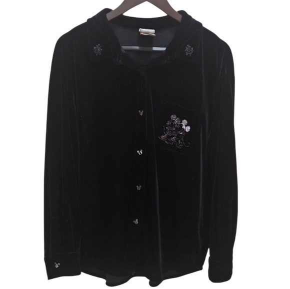 Disney Tops - Disney Black Velvet Feel Embroidered Mickey Minnie Mouse Blouse Sz Med